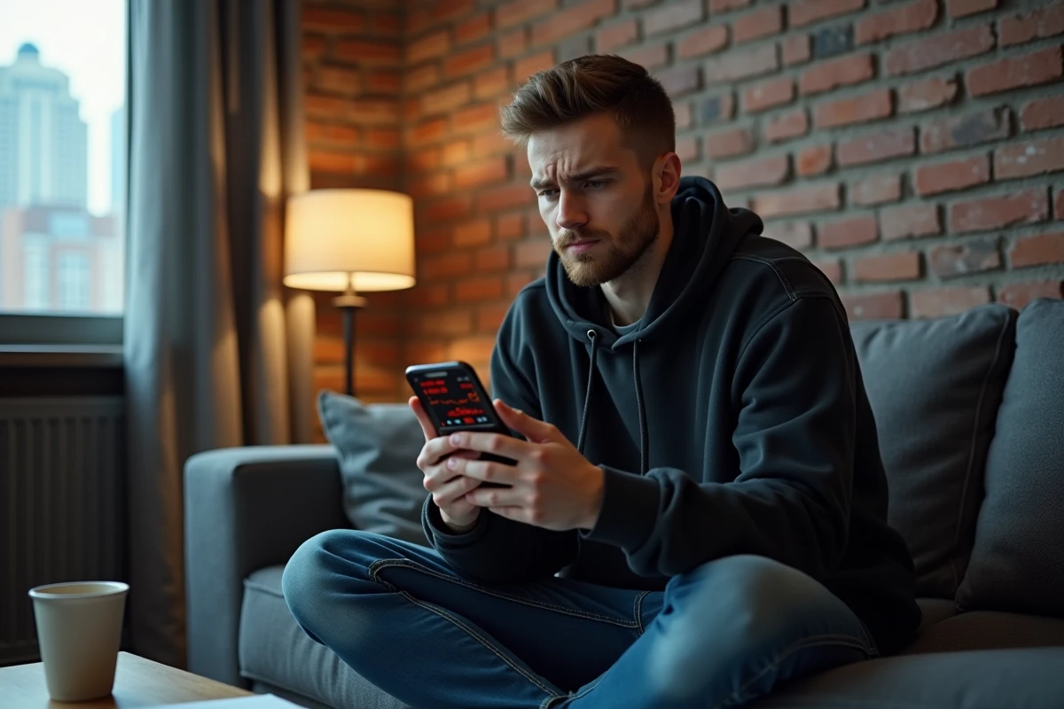 Jeune homme inquiet consultant son portefeuille de cryptomonnaies en baisse sur son smartphone