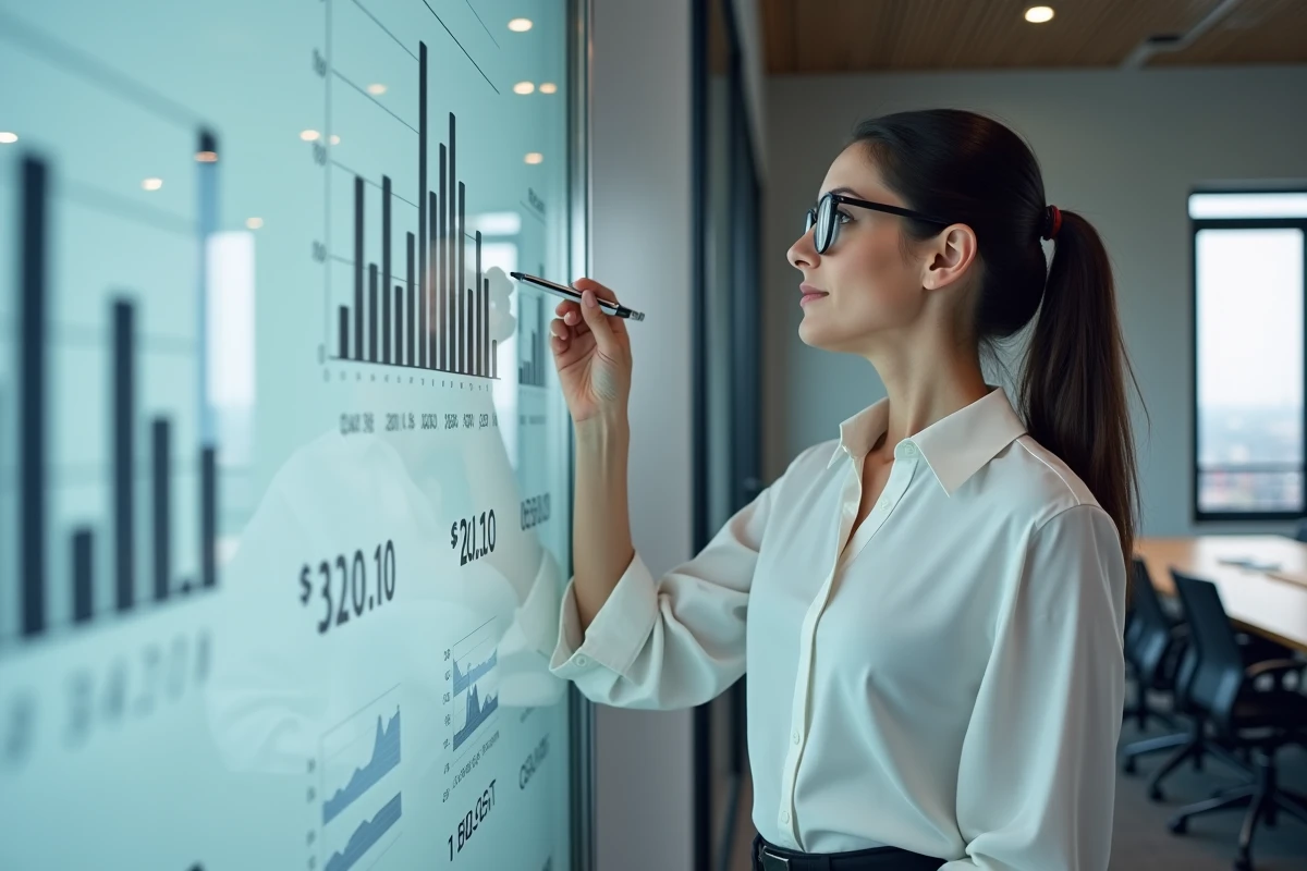 Femme d'affaires présentant les marges bénéficiaires d'une entreprise sur un tableau de bord financier