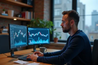 Trader analysant des graphiques de prix du bitcoin sur deux écrans dans un bureau à domicile moderne