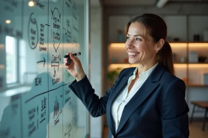 Femme d'affaires expliquant les méthodes de valeur ajoutée sur un tableau blanc dans un bureau moderne