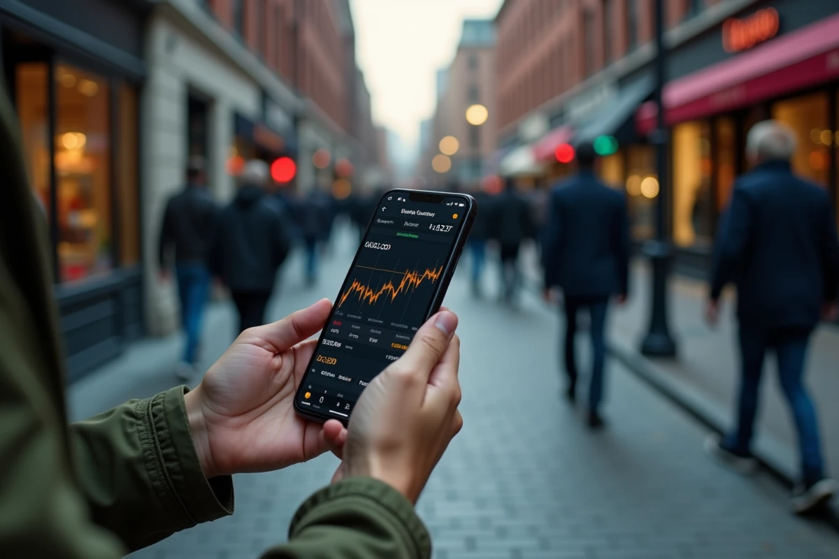 Mains tenant un smartphone affichant une application de trading bitcoin en temps réel dans la rue