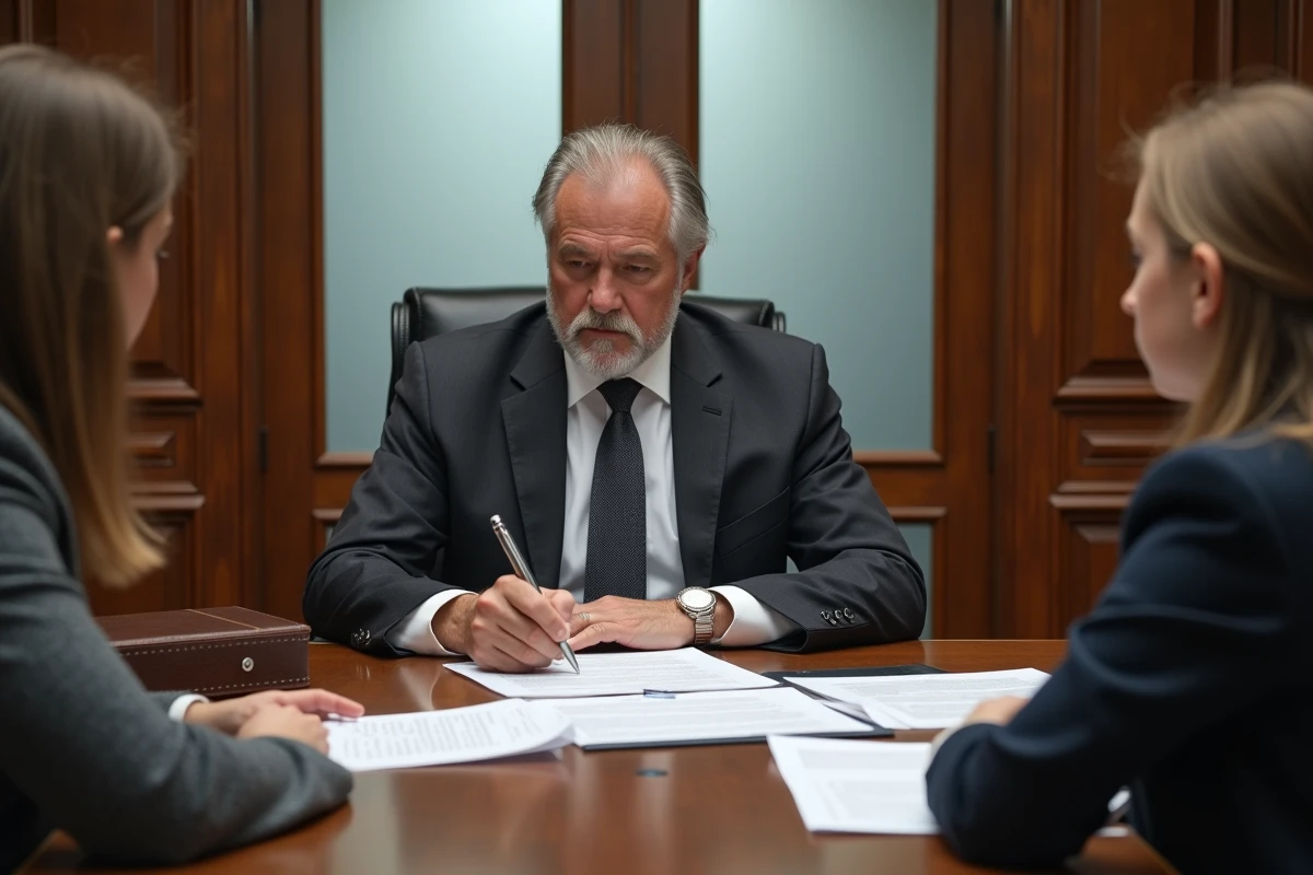 Notaire et deux héritiers adultes consultant des relevés bancaires lors d'une réunion de succession