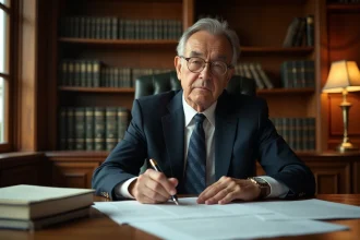 Notaire examinant des documents officiels dans son étude pour le versement de fonds immobiliers