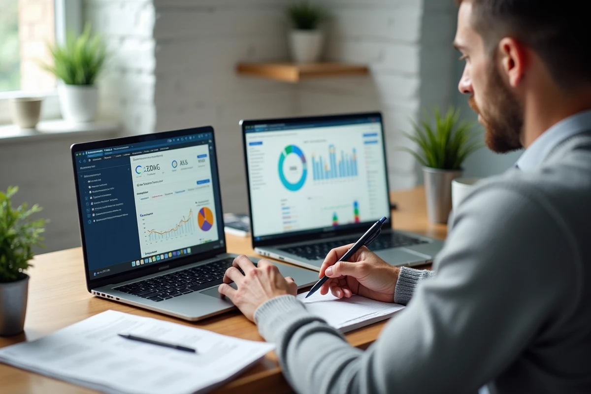 Consultant indépendant comparant deux outils d'analyse concurrentielle sur des laptops dans un bureau à domicile