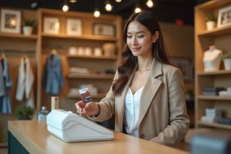 Femme utilisant une carte bancaire sans contact sur un terminal de paiement en boutique