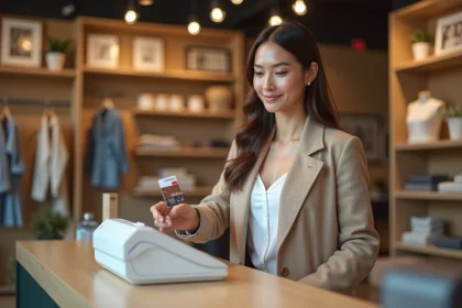 Femme utilisant une carte bancaire sans contact sur un terminal de paiement en boutique