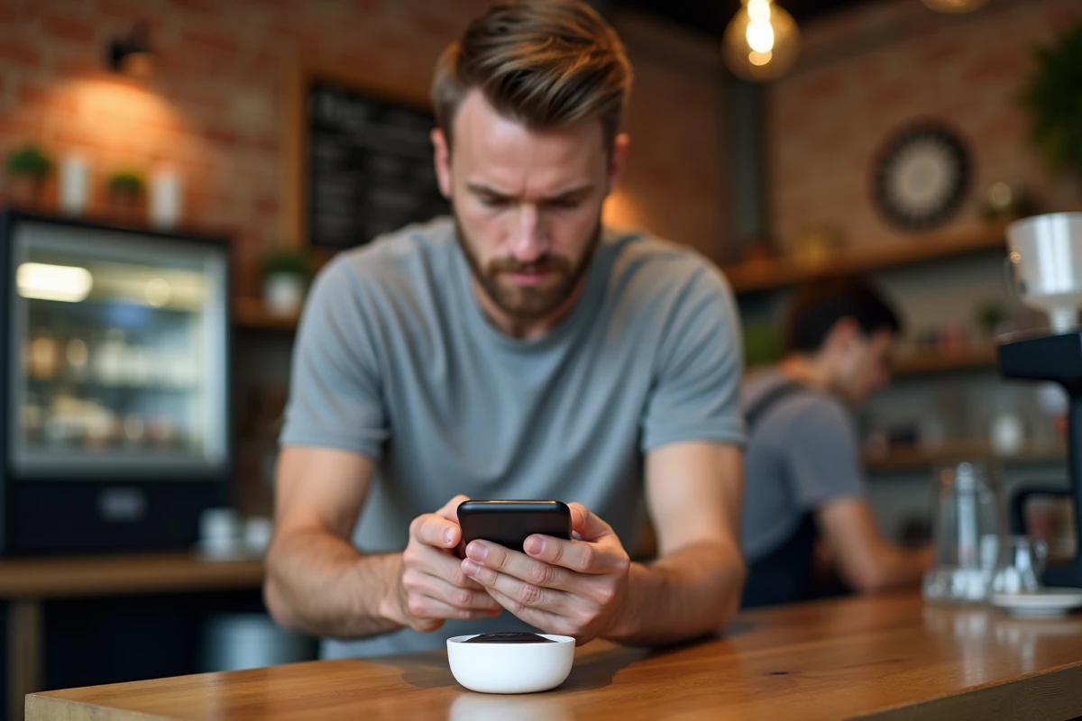Homme effectuant un paiement mobile par smartphone dans un café
