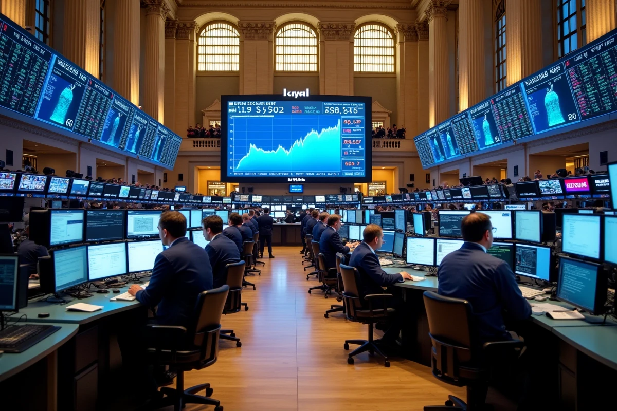 Vue panoramique d'un parquet boursier animé avec traders et écrans affichant les données du S&P 500
