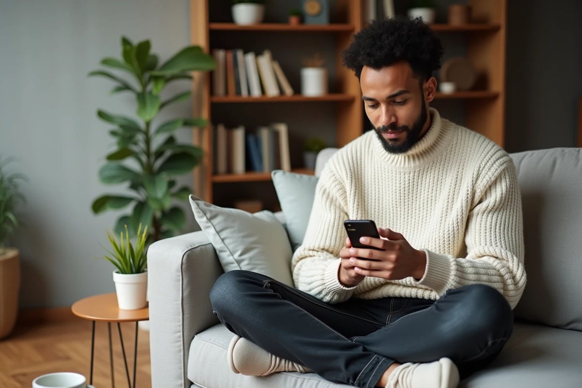 Personne consultant une application d'investissement sur smartphone depuis son canapé pour gérer son épargne personnelle