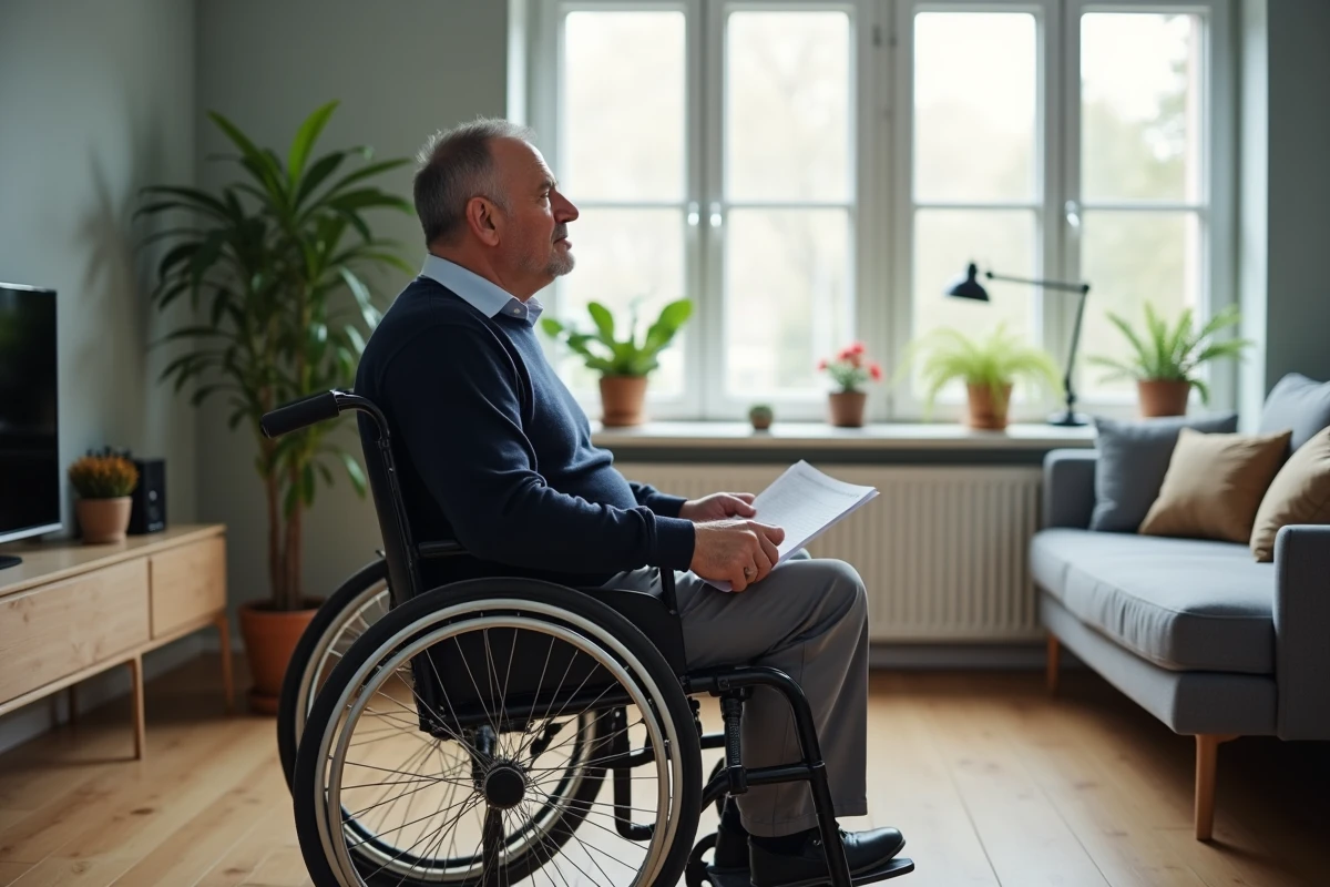 Un homme en fauteuil roulant tient un document administratif et regarde par la fenêtre, symbolisant la situation d'une personne concernée par le PTIA