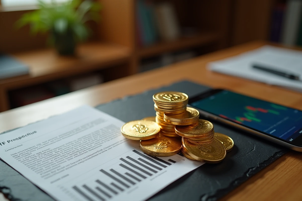 Pièces et lingots d'or posés à côté d'un prospectus d'ETF et d'une application de trading sur smartphone