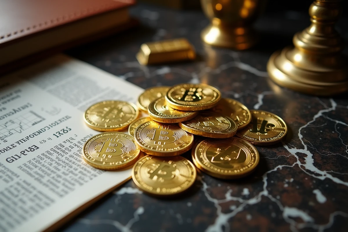 Pièces d'or et lingot posés sur du marbre noir avec un journal financier, symbolisant la volatilité et la valeur de l'or