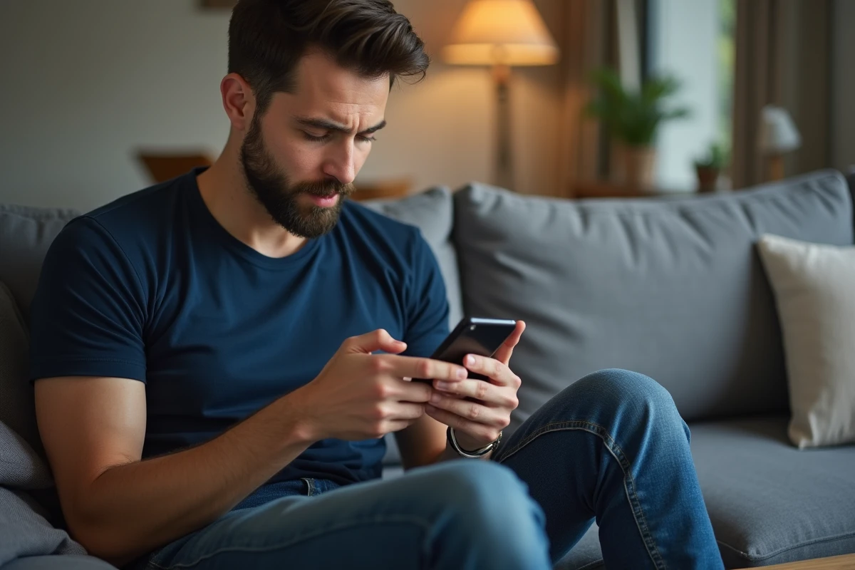 Jeune homme vérifiant les plafonds de virement sur une application bancaire mobile