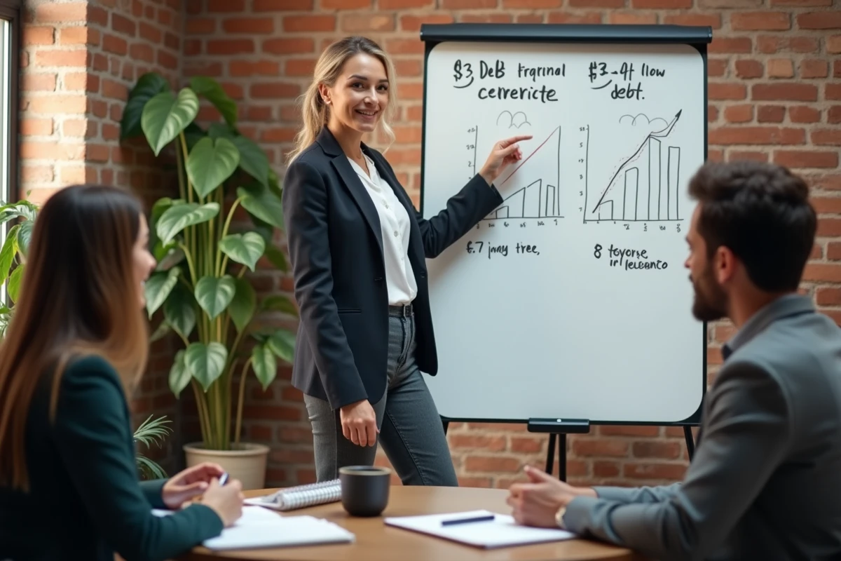 Femme d'affaires présentant les avantages de la restructuration de dette devant un tableau blanc lors d'une réunion d'équipe