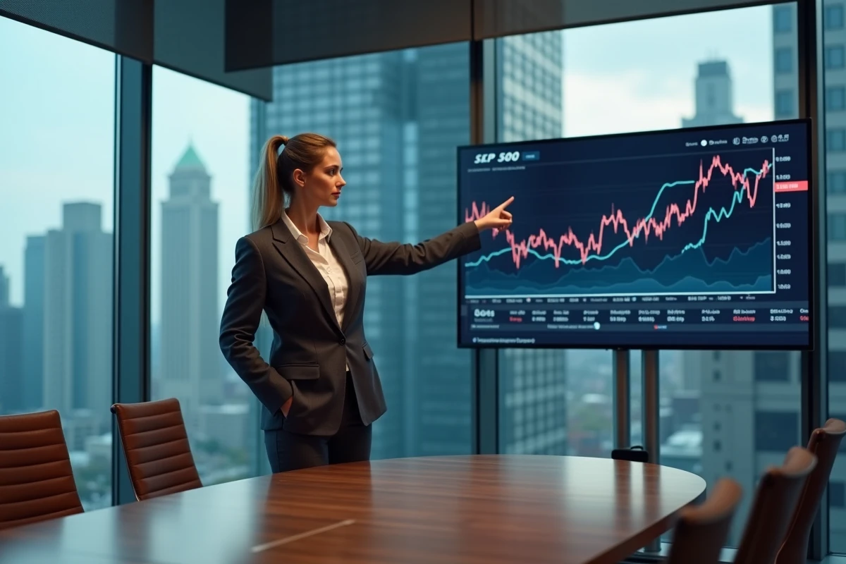 Professionnelle présentant une analyse du S&P 500 dans une salle de conférence d'entreprise