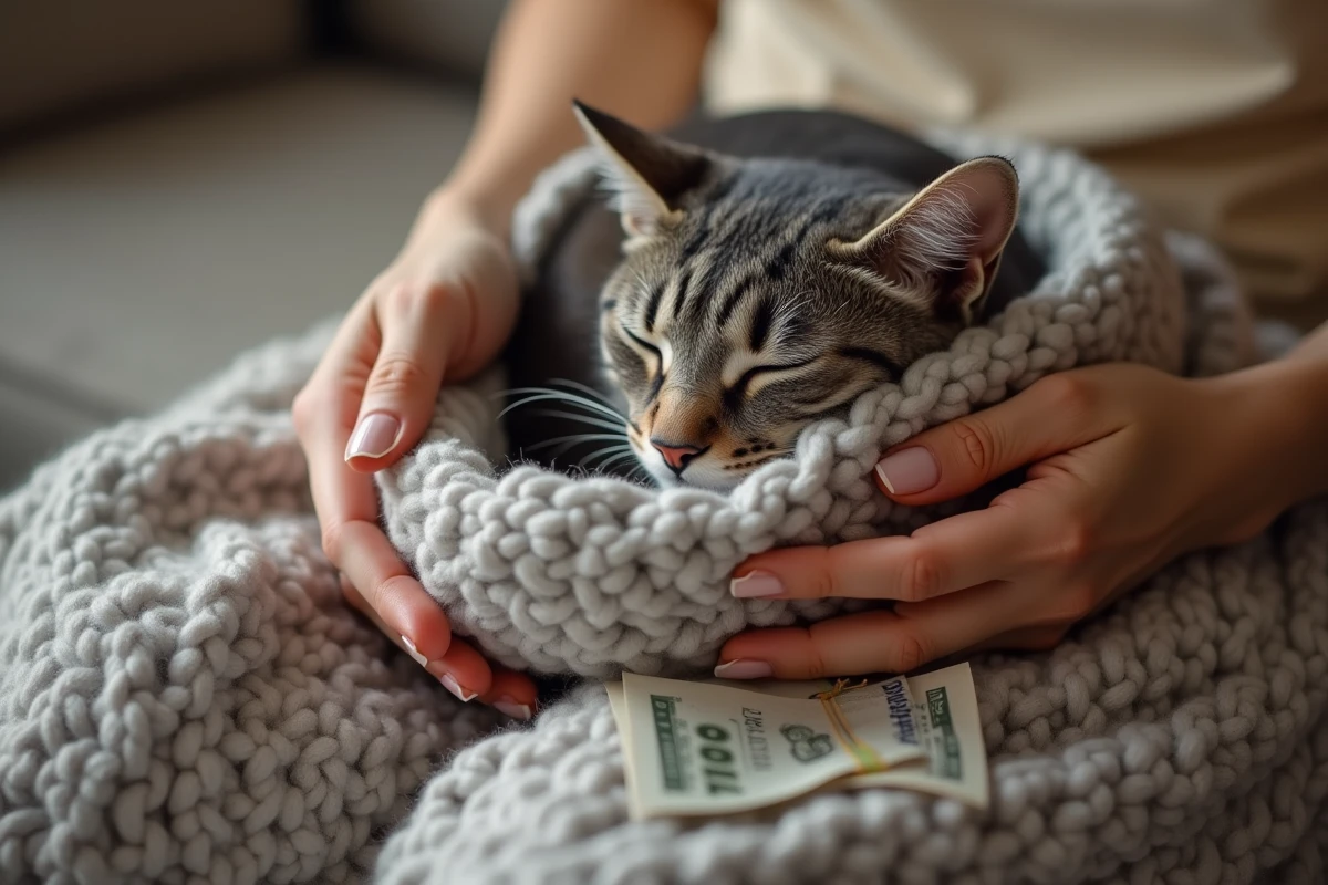 Mains tenant un chat gris endormi avec des billets de dollars et une étiquette de prix, symbolisant le coût d'adoption d'un chat