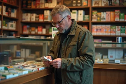 Homme comparant les prix des cigarettes dans un bureau de tabac allemand