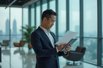 Homme d'affaires asiatique en costume marine examinant des documents dans un bureau corporate moderne avec vue sur la ville, symbolisant la direction d'une entreprise de cryptomonnaies
