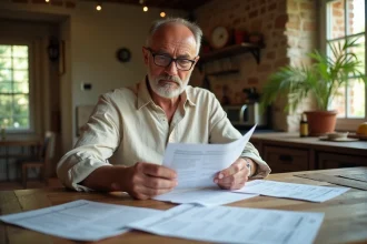 Propriétaire d'une résidence secondaire en train d'examiner ses documents fiscaux concernant la taxe d'habitation dans une maison de campagne française