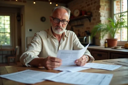 Propriétaire d'une résidence secondaire en train d'examiner ses documents fiscaux concernant la taxe d'habitation dans une maison de campagne française