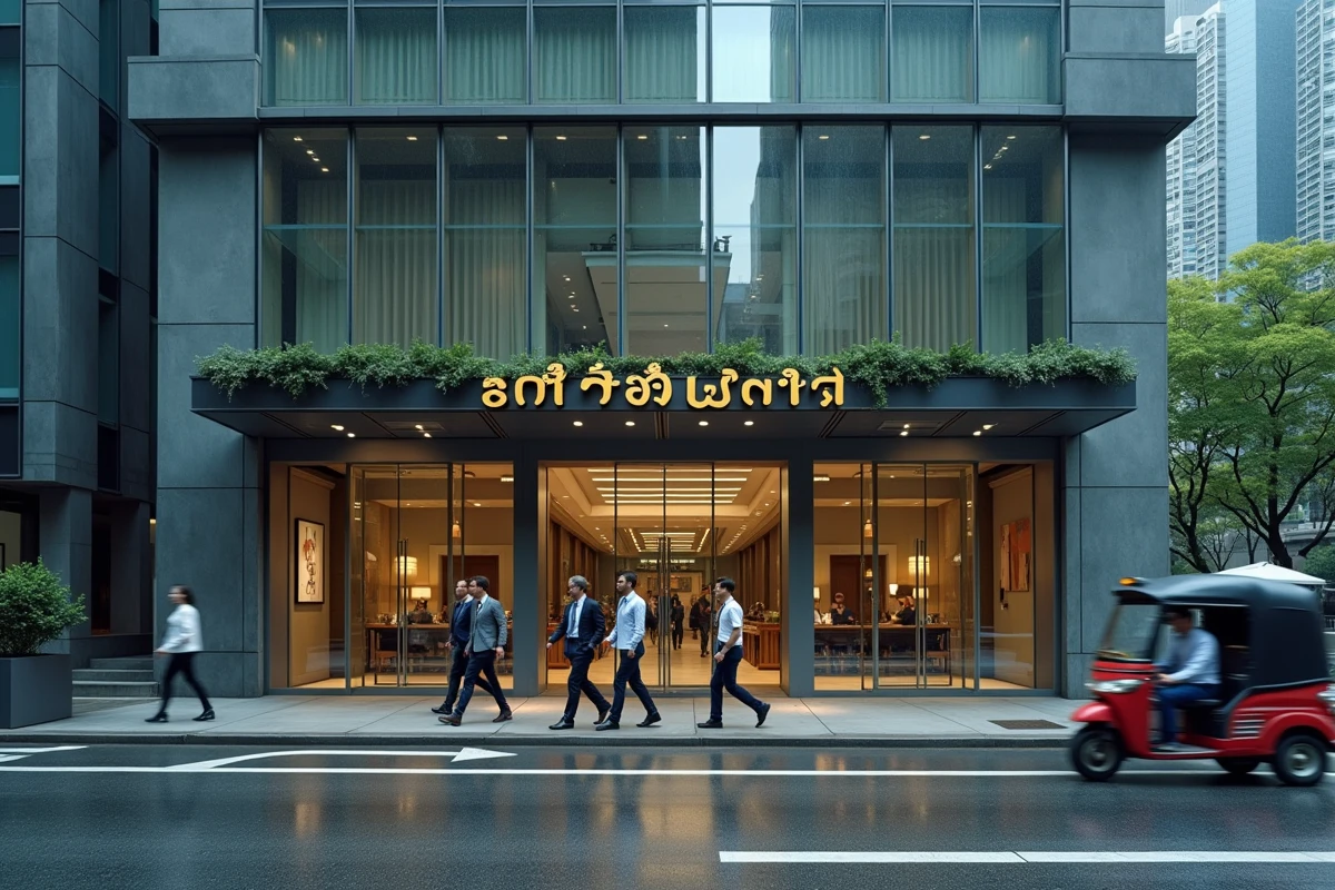 Quartier financier de Bangkok avec des immeubles bancaires modernes et des professionnels en costume dans la rue