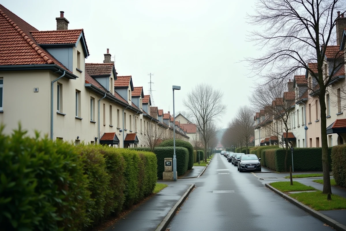 Quartier résidentiel pavillonnaire français avec panneaux à vendre, illustrant les tendances des prix de l'immobilier en périphérie