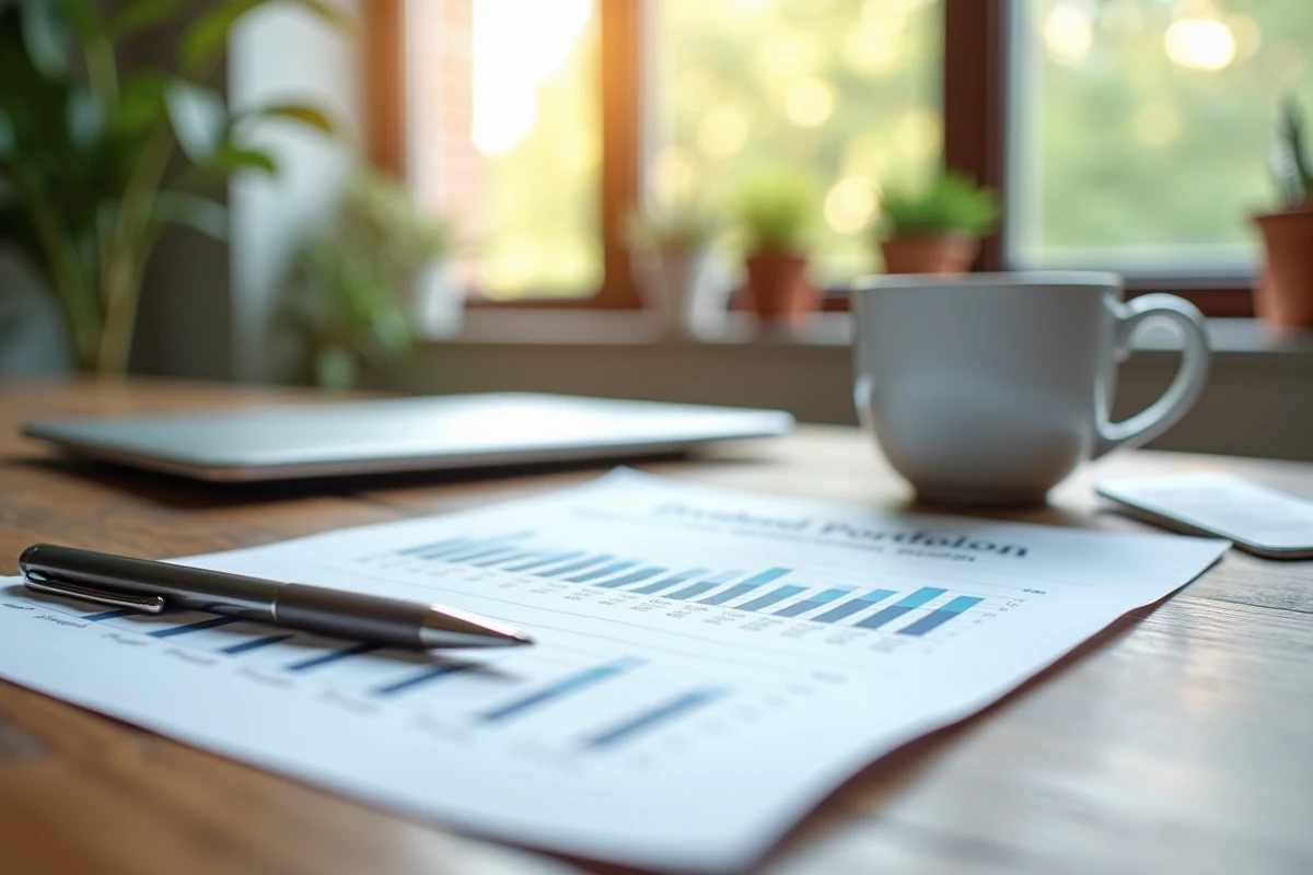 Rapport de portefeuille de dividendes mensuels posé sur un bureau avec tablette affichant une courbe de croissance financière