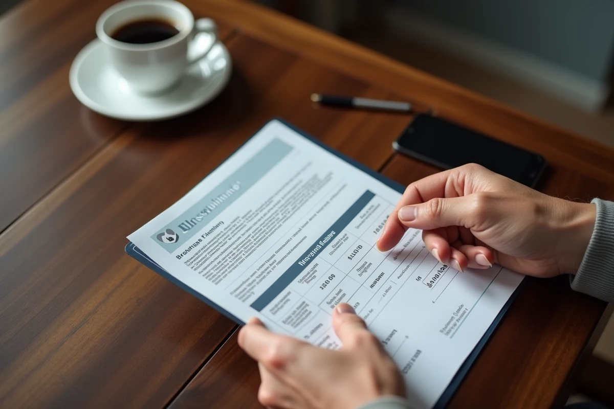 Mains tenant un relevé de compte de courtage affichant un solde supérieur à 500 000 dollars sur une table en bois