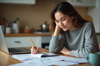 Femme analysant ses relevés de carte de crédit pour choisir entre rembourser le solde le plus bas ou le taux d'intérêt le plus élevé