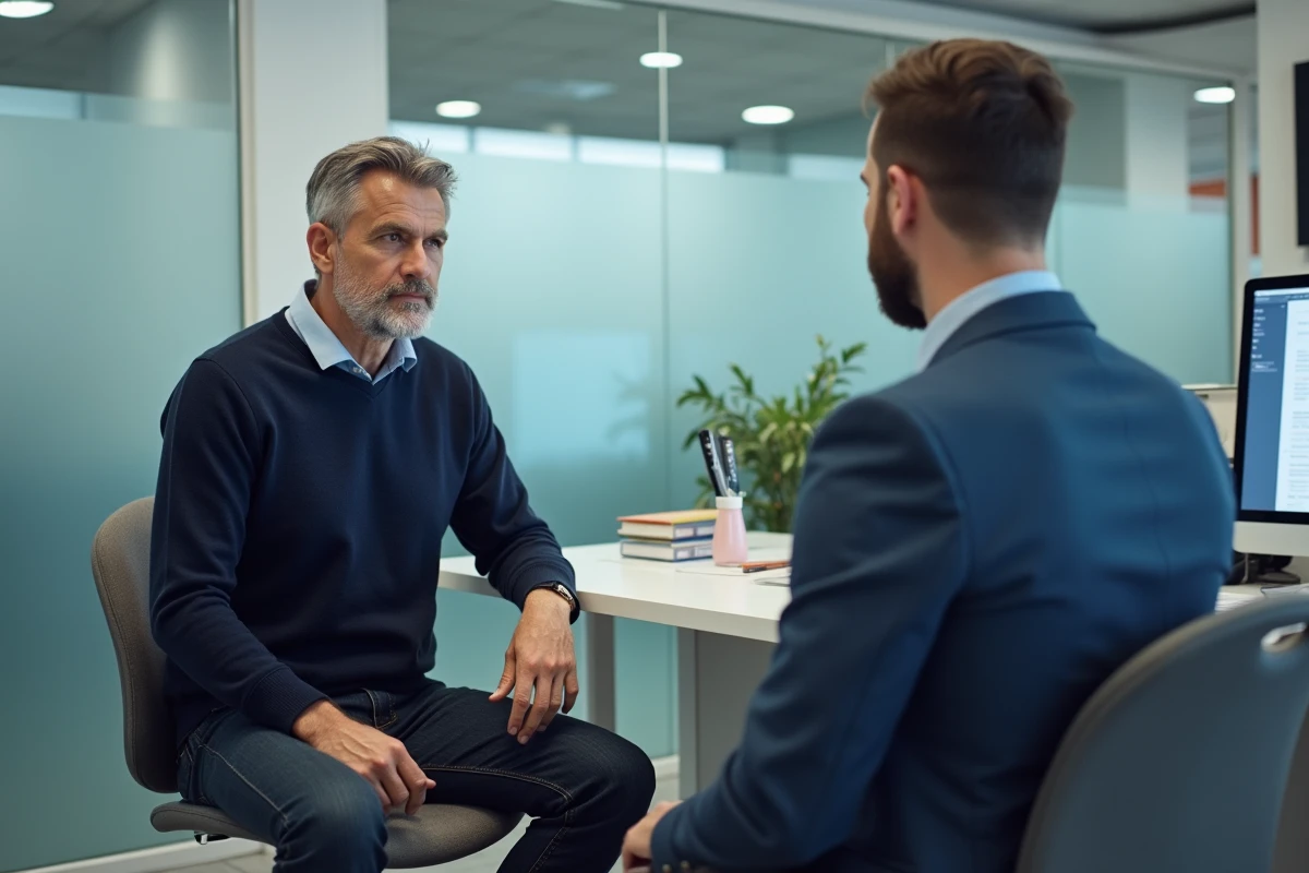 Homme en rendez-vous avec un conseiller assurance pour discuter d'un remboursement