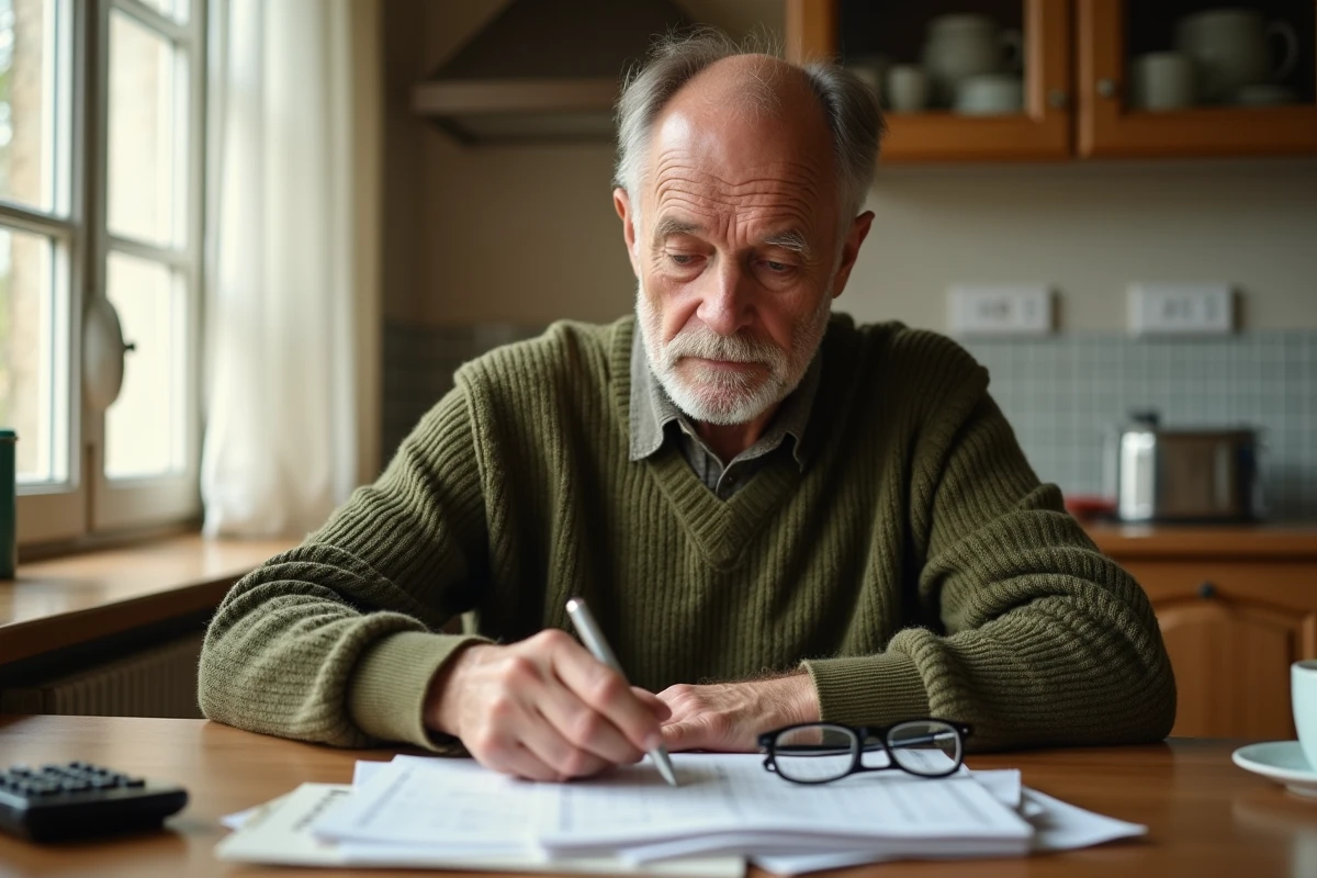 Retraité inquiet analysant son contrat d'assurance vie à la table de sa cuisine