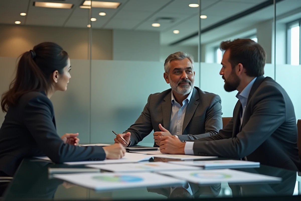 Réunion professionnelle entre dirigeants d'entreprise autour d'une table de conférence en verre avec des rapports financiers, illustrant la gouvernance et la structure de propriété d'une plateforme d'échange crypto