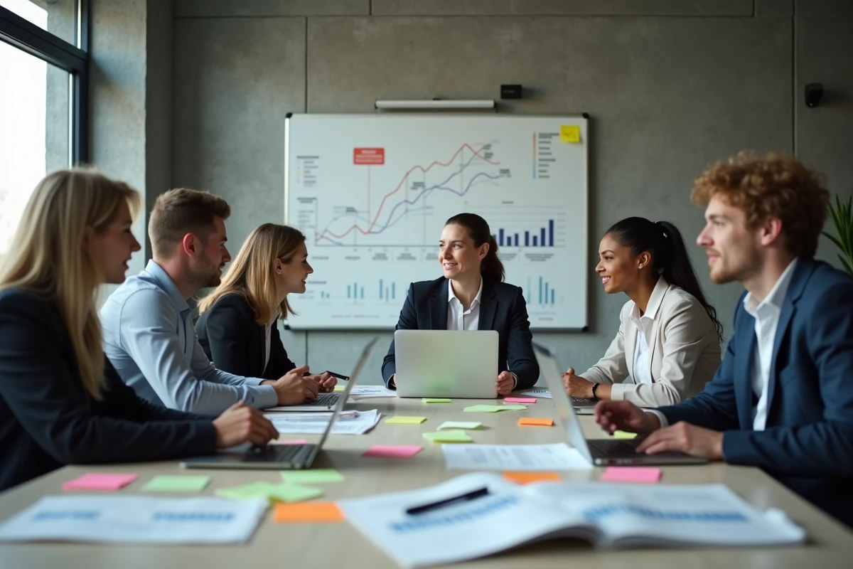 Équipe de professionnels en réunion de travail autour d'un plan de restructuration financière