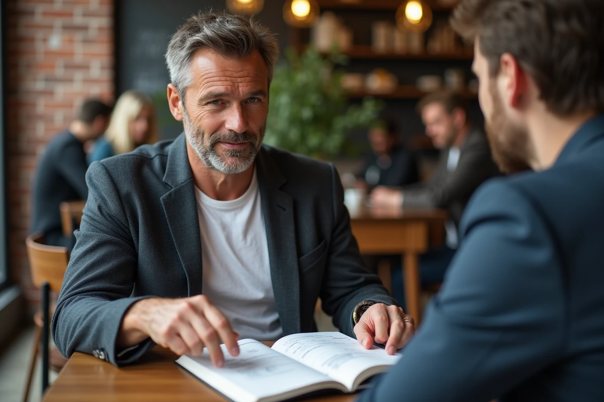 Entrepreneur discutant d'un plan de financement pour son podcast avec un partenaire dans un café