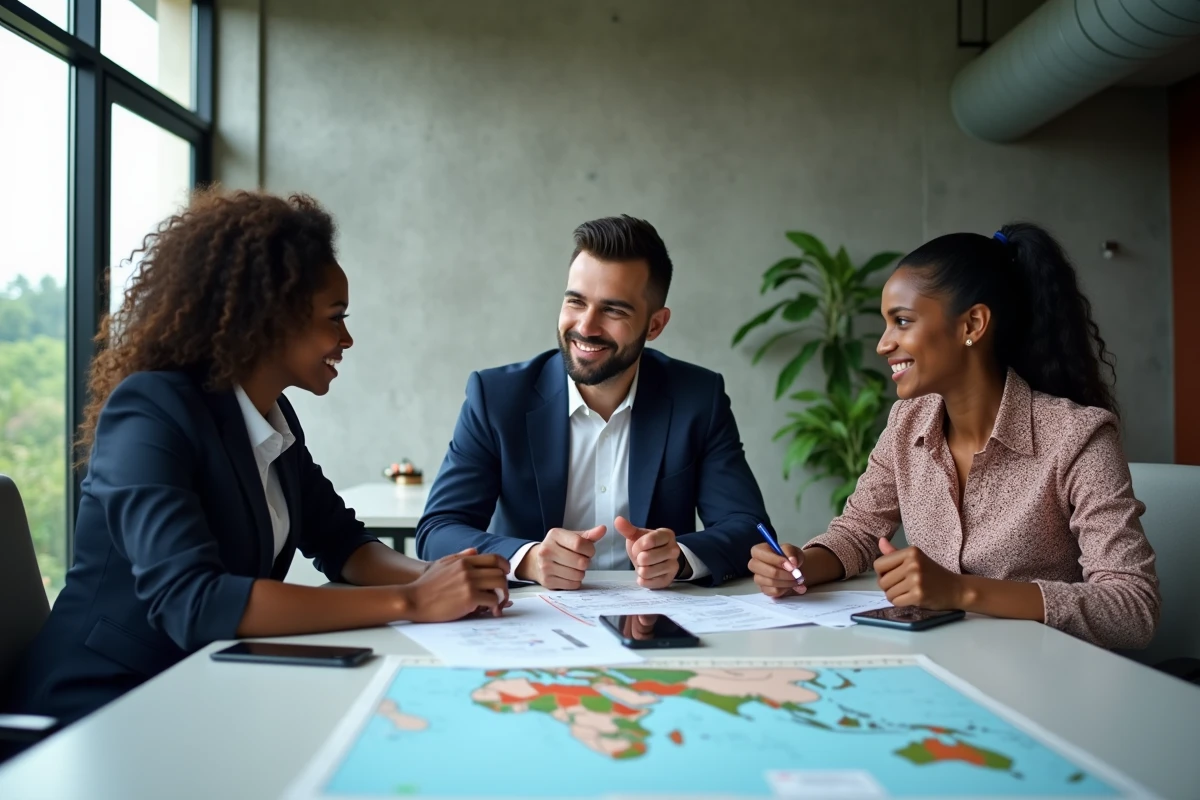 Trois professionnels internationaux discutant d'opportunités d'investissement dans les marchés émergents autour d'une table de conférence dans un bureau moderne de Nairobi.