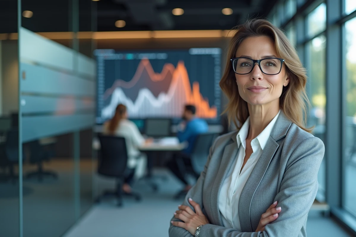 Femme d'affaires examinant un graphique de volatilité du Bitcoin sur un grand écran de bureau