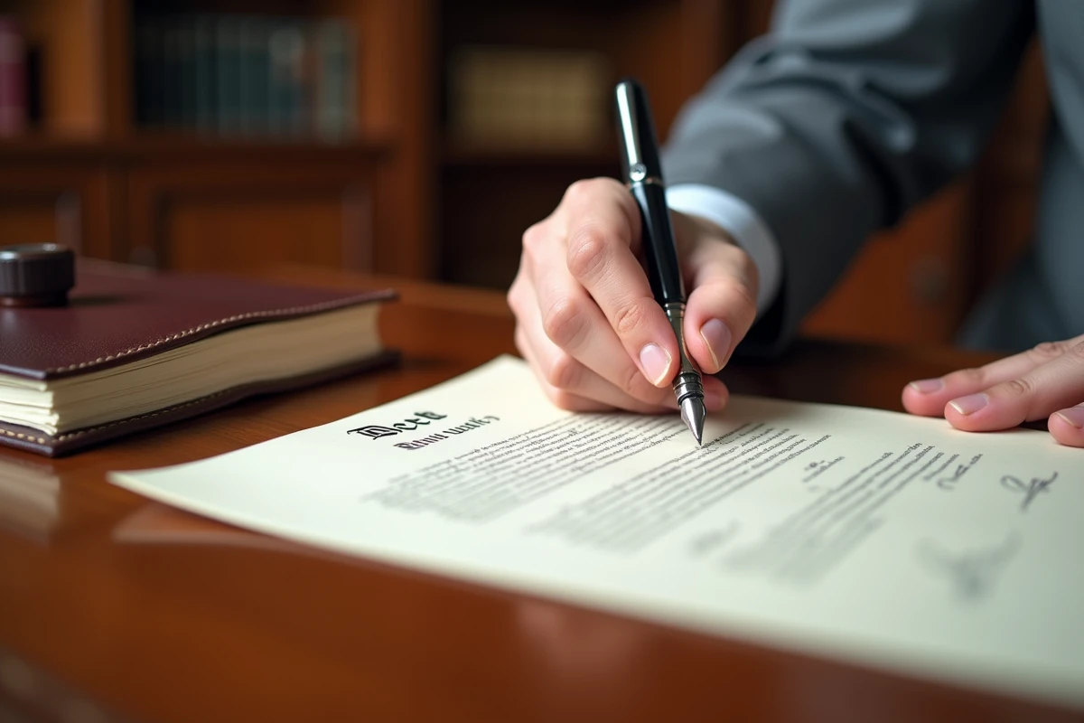 Signature d'un acte notarié devant un notaire de banque, stylo plume et document officiel sur bureau en bois