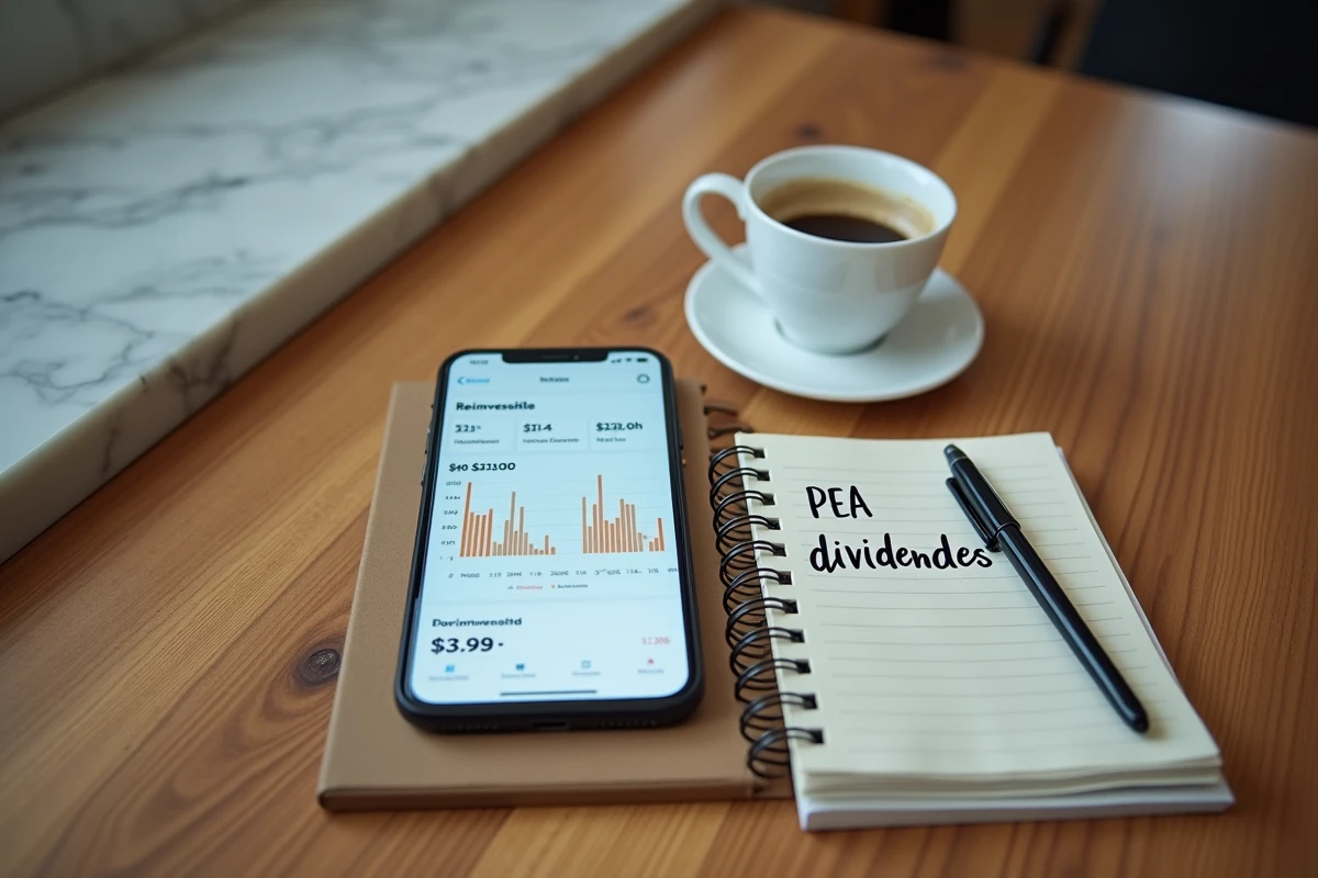 Bureau avec smartphone affichant un graphique de dividendes PEA et carnet de notes