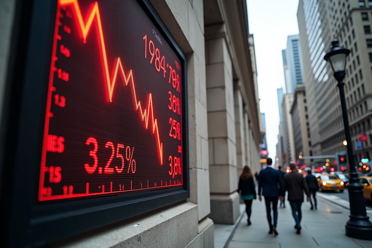 Tableau électronique boursier en plein air affichant la chute du Dow Jones dans un quartier financier