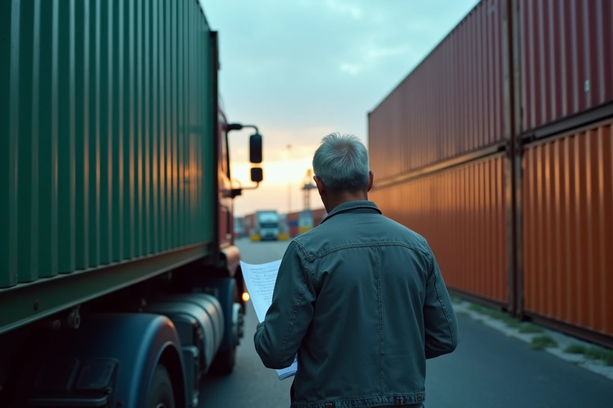 Chauffeur de camion dans un terminal logistique portuaire illustrant les transports soumis à la taxe carbone