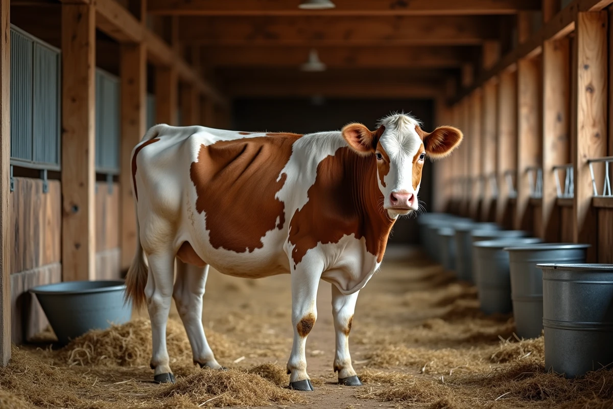 Vache laitière dans une étable traditionnelle en bois, représentation de la vache à lait dans la stratégie BCG