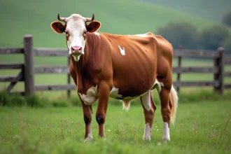 Vache laitière brune et blanche dans un pré vert, symbole de la vache à lait dans la matrice BCG