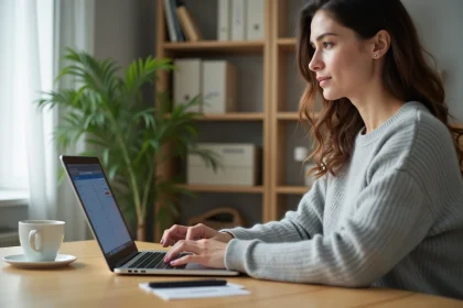 Femme effectuant un virement bancaire en ligne depuis son bureau à domicile